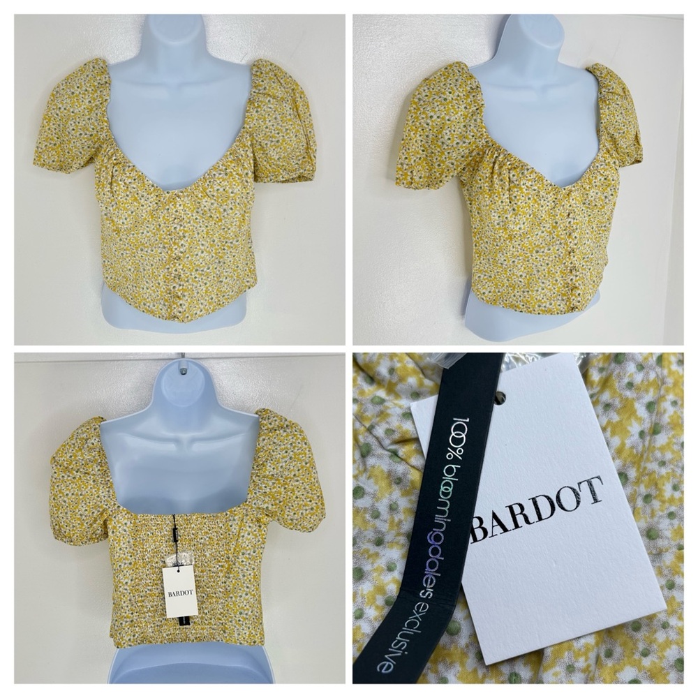 Bardot NWT Yellow Floral Off‎ The Shoulder Smocked Cropped Top Small Boho $79